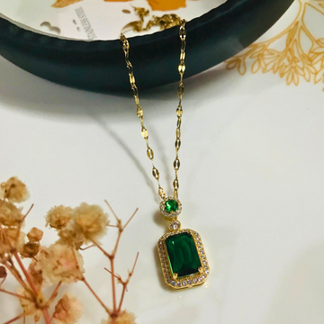 Anti tarnish 18K Gold plated green emerald pendant with chain.