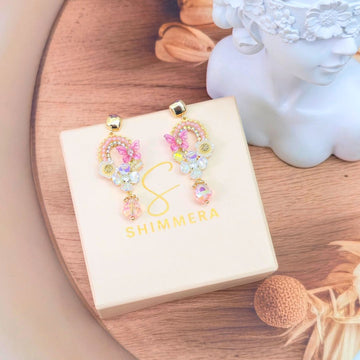 Whimsical Butterfly Beaded Pastel Floral Design Earrings Anti Tarnish Gold Plated Drop Earrings