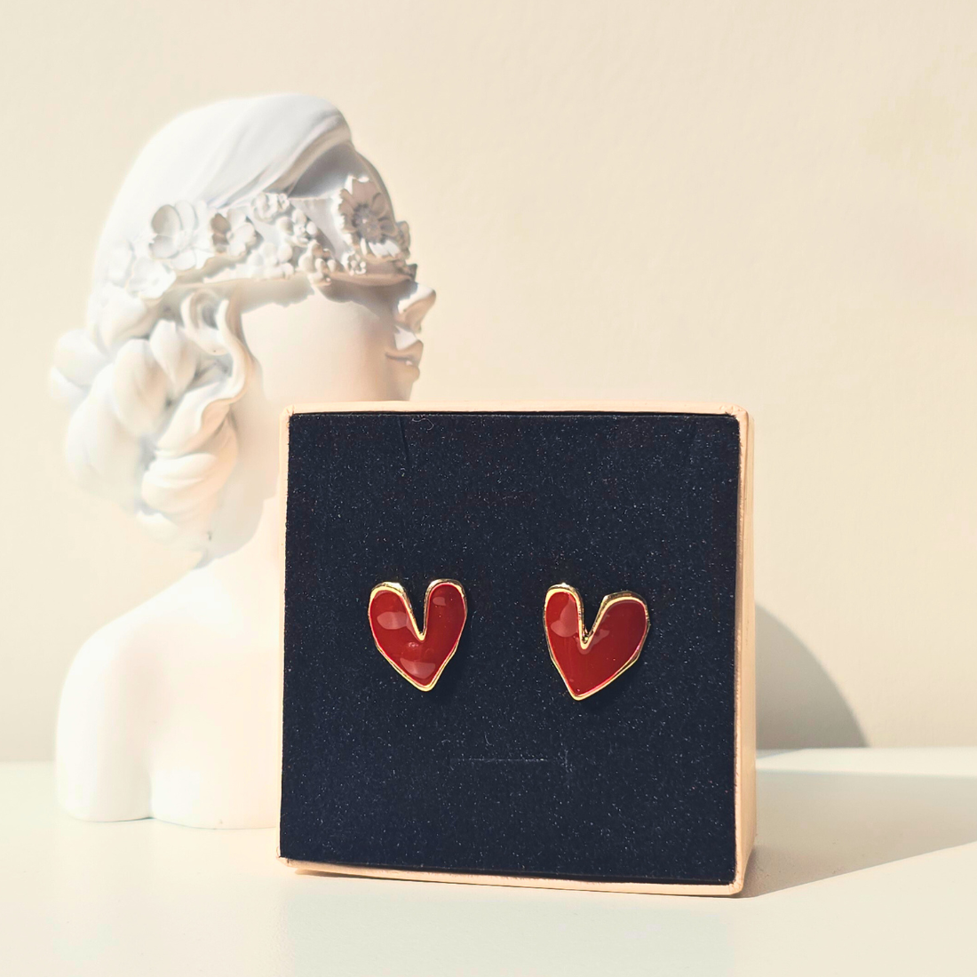 korean red heart earrings