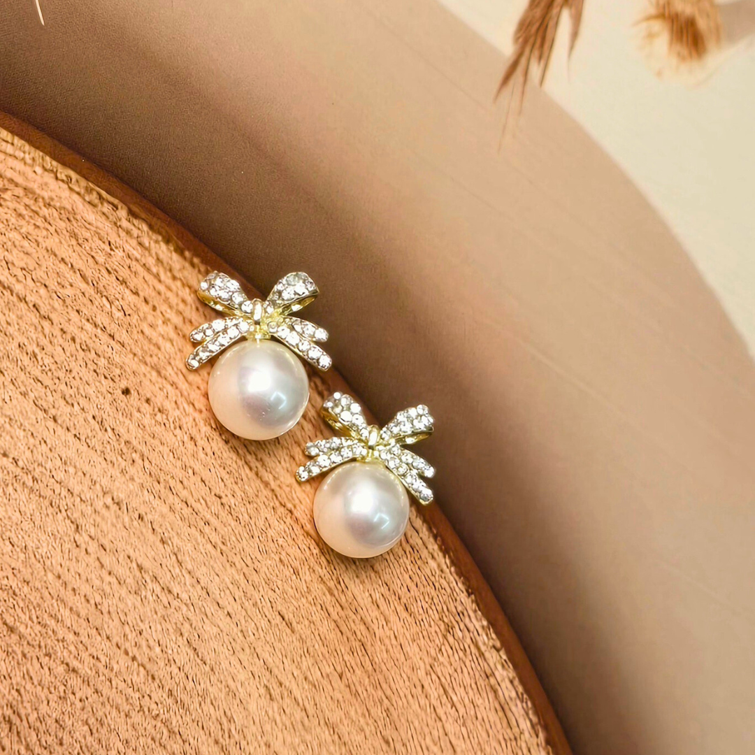 Korean Bow style white pearl Stud earring