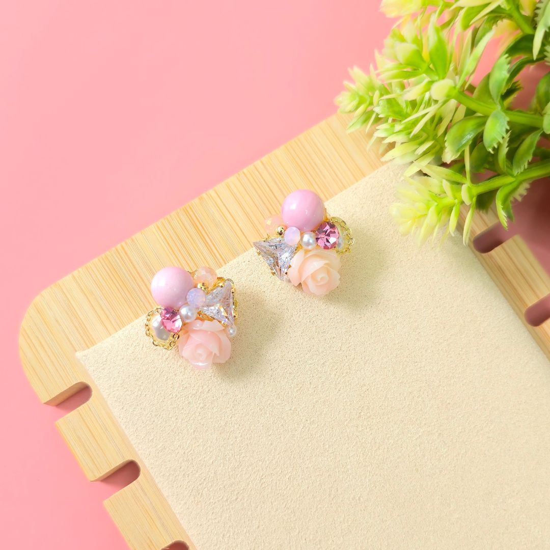 Sweet Pink Rose Cluster Stud Earrings with Pearls & Crystals Earring