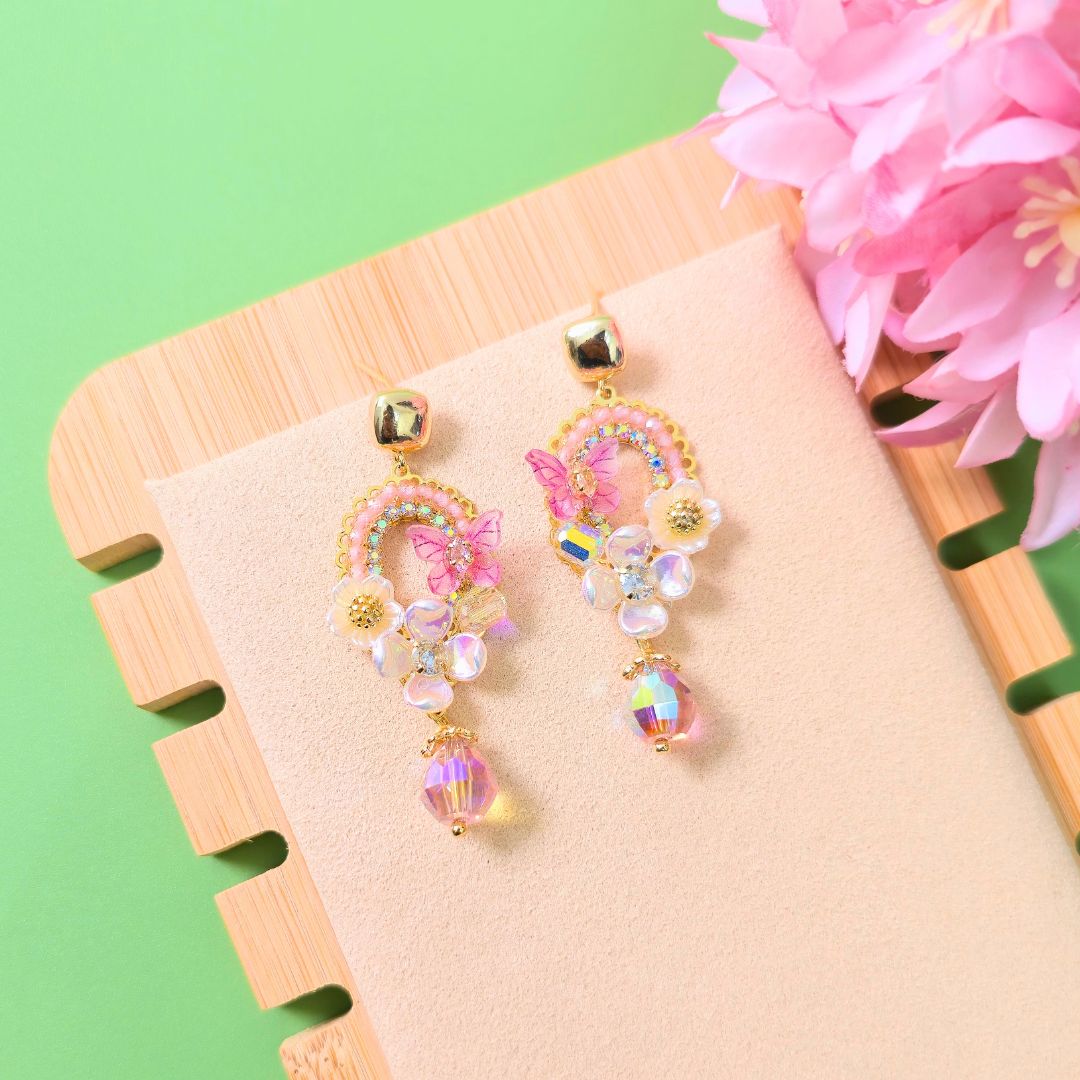 Whimsical Butterfly Beaded Pastel Floral Design Earrings Anti Tarnish Gold Plated Drop Earrings