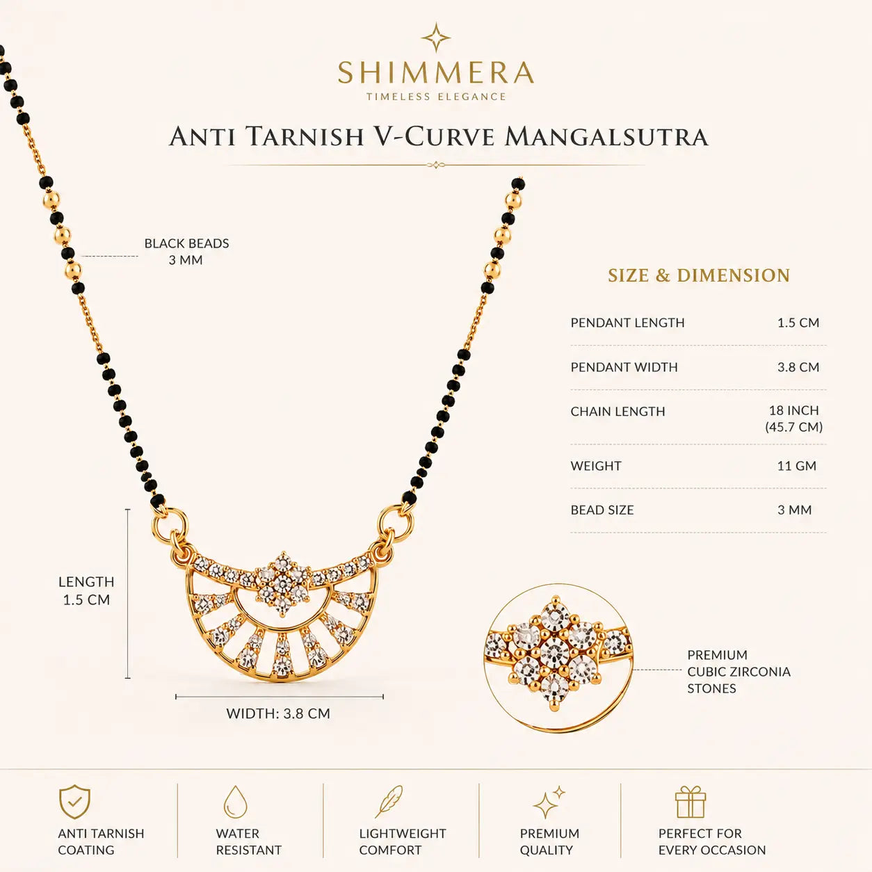 Anti Tarnish V-Curve CZ Drop Mangalsutra Shimmera