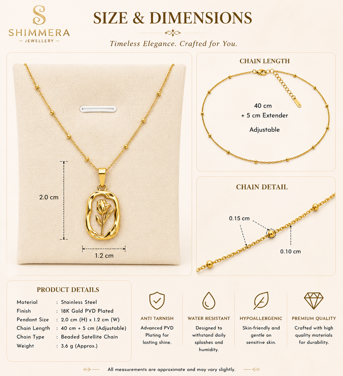Shimmera Jewellery necklace with measurements and details on a white background