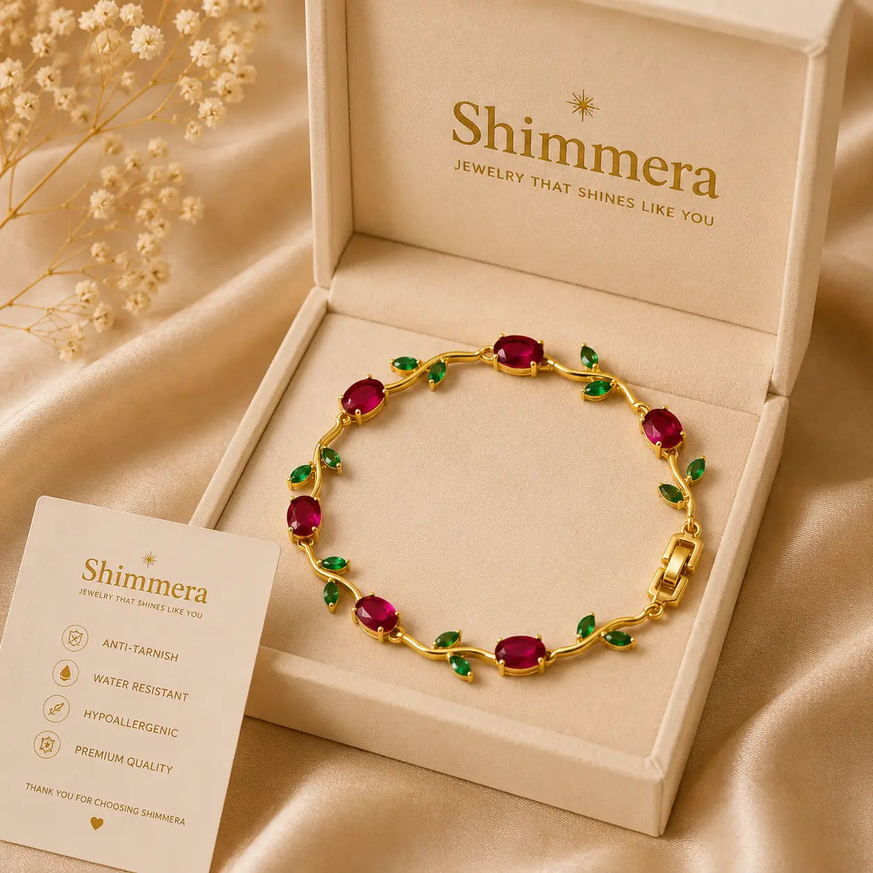 Shimmera Ruby Leaf Bracelet | Anti Tarnish Gold Plated Stone Bracelet Shimmera