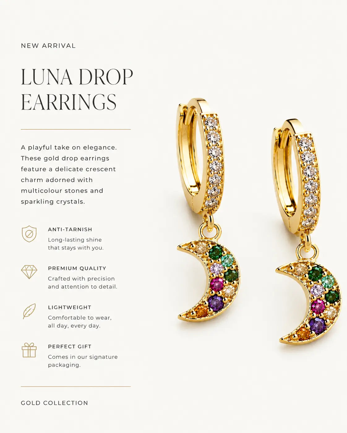 Anti Tarnish Luna Moon Gold Earrings Shimmera