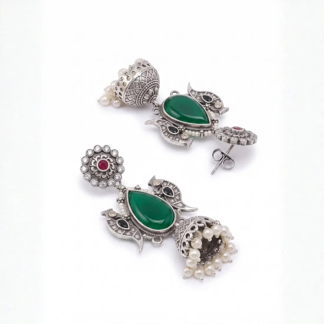 Brass Green Stone Peacock Jhumka Earrings Shimmera