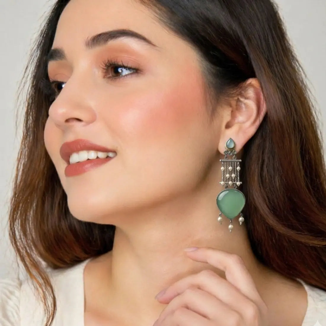 Green Teardrop Pearl Tassel Earrings Shimmera