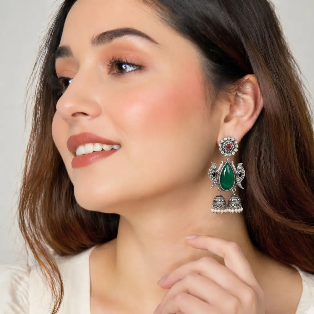 Brass Green Stone Peacock Jhumka Earrings Shimmera