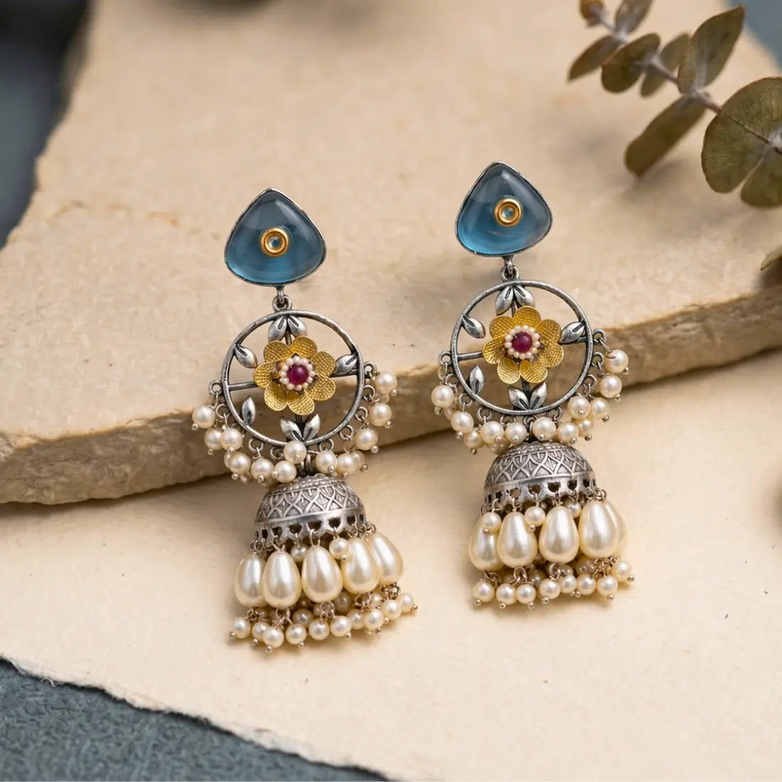 Floral Blue Jhumka Earrings Shimmera