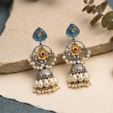 Floral Blue Jhumka Earrings Shimmera