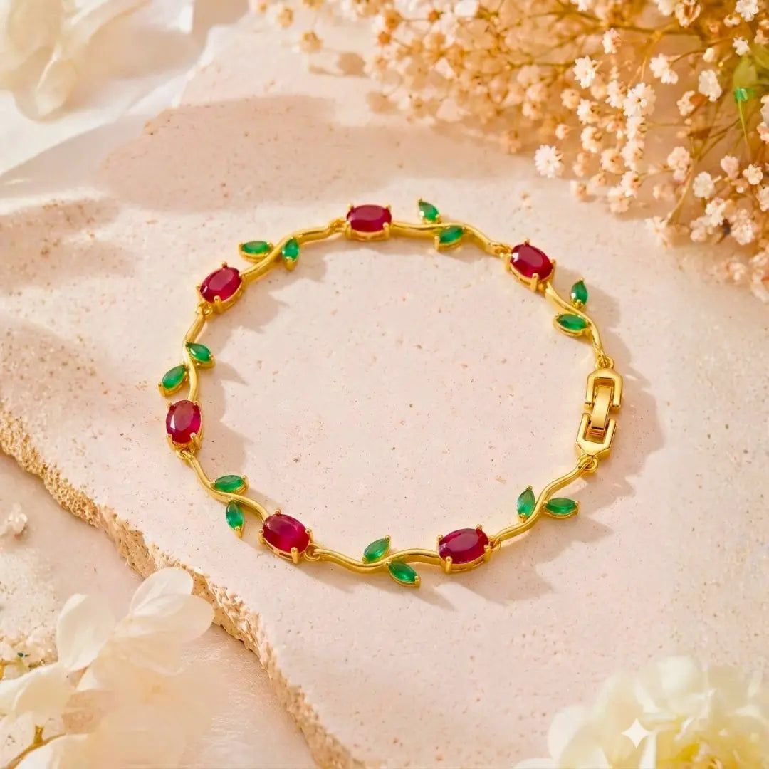 Shimmera Ruby Leaf Bracelet | Anti Tarnish Gold Plated Stone Bracelet Shimmera