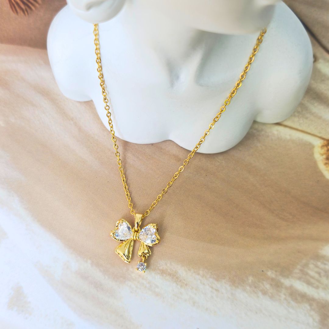 Stainless Steel 18k Gold Plated Bow Necklace Sparkling Anti Tarnish Women Fashion Jewellery