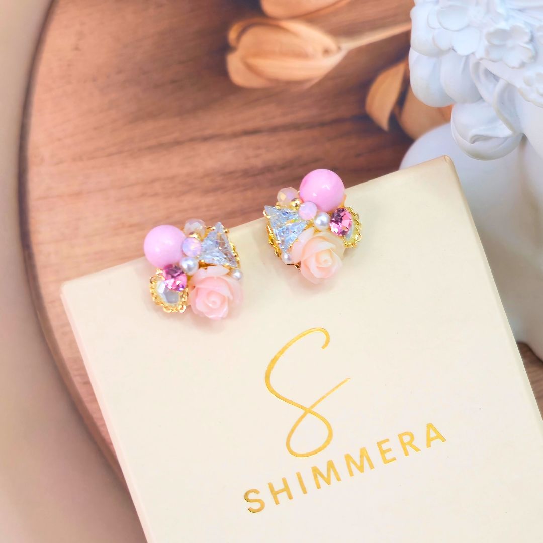Sweet Pink Rose Cluster Stud Earrings with Pearls & Crystals Earring