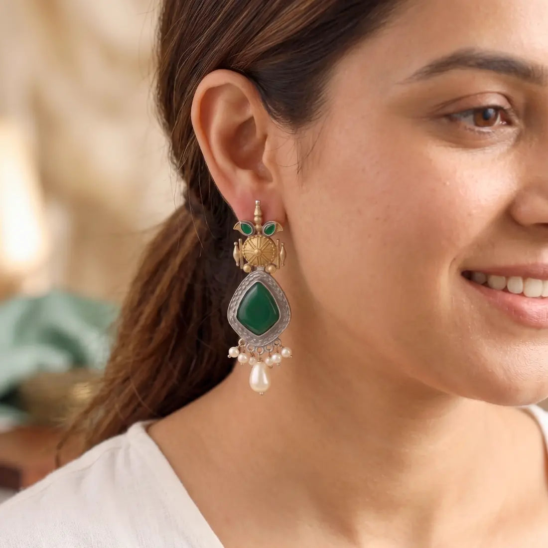 Green Stone Kundan Pearl Drop Earrings Shimmera