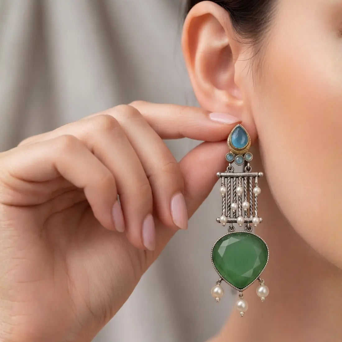 Green Teardrop Pearl Tassel Earrings Shimmera