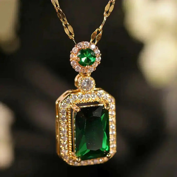 Anti-Tarnish 18K Gold-Plated Green Emerald Pendant Chain