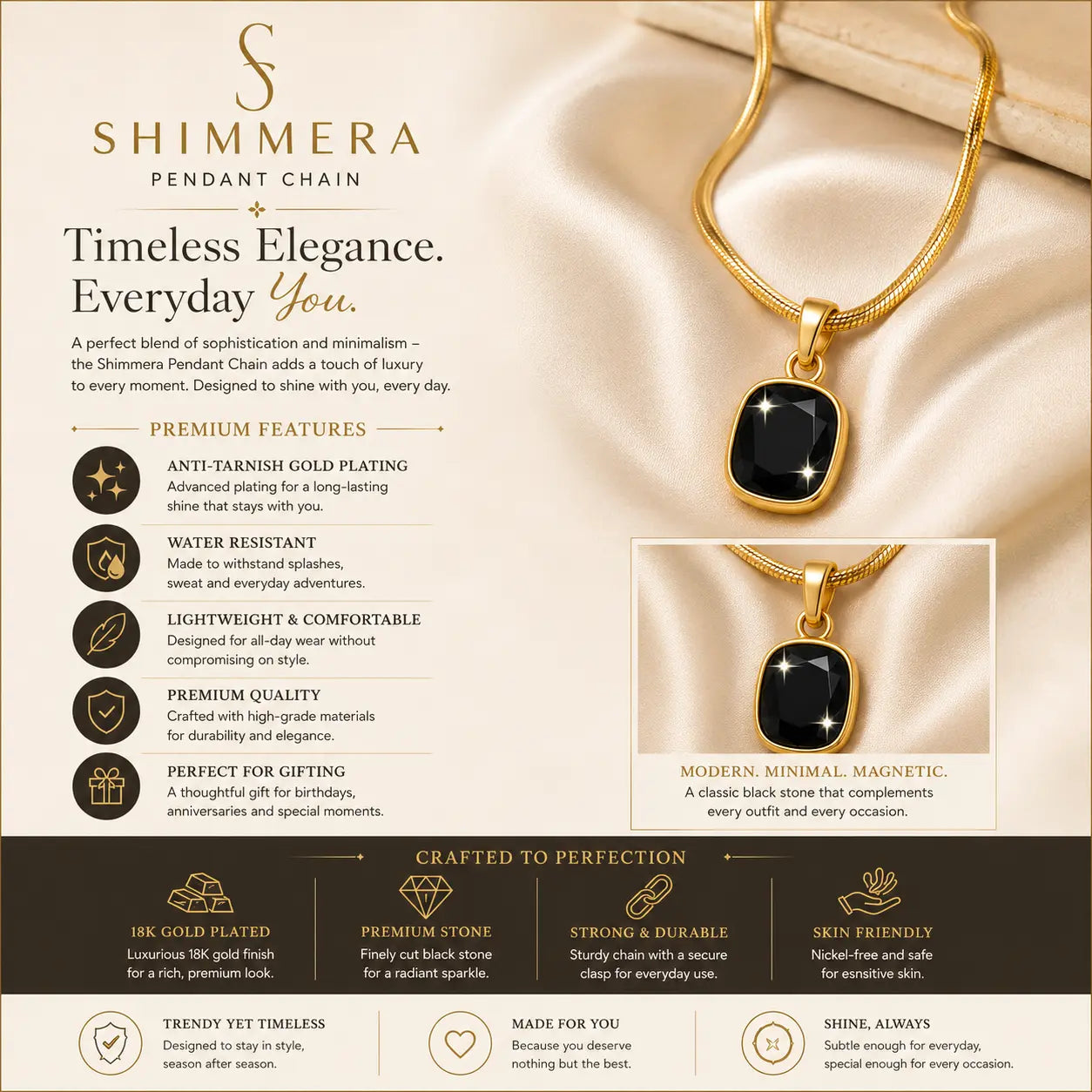 Anti-Tarnish 18K Gold-Plated Minimalist Black Square Pendant with Chain Shimmera