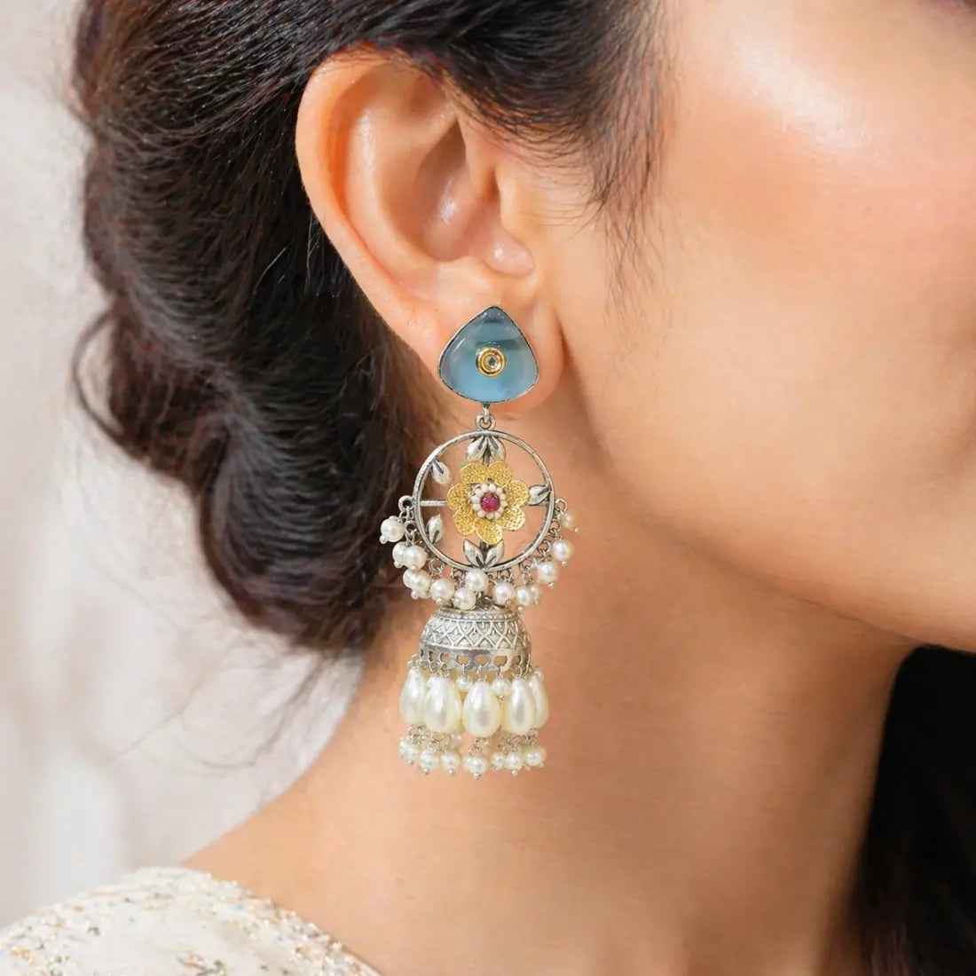 Floral Blue Jhumka Earrings Shimmera