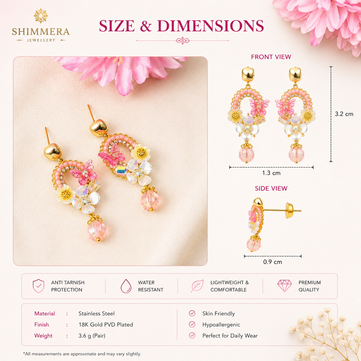Shimmera jewelry earrings with pink flowers and measurements on a beige background