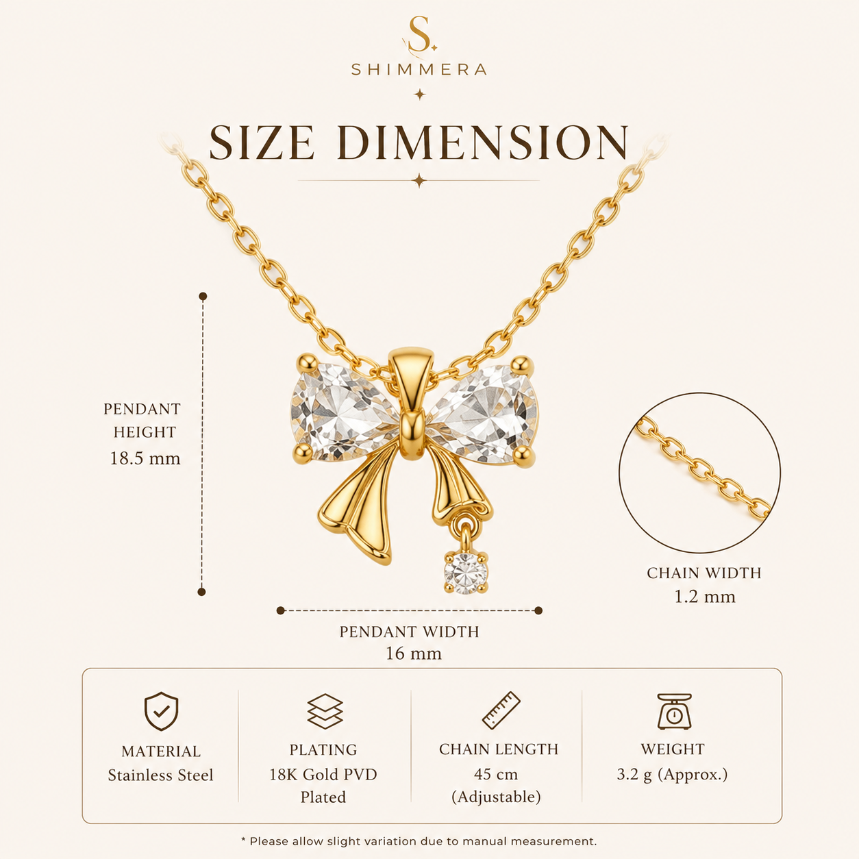 Anti Tarnish Bow Crystal Pendant Chain Shimmera