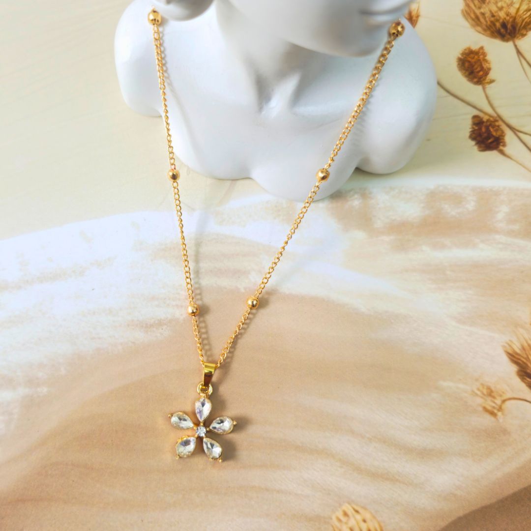 Cubic Zirconia Charm Five-Petal Flower Design Pendant with Chain Stainless Steel Anti Tarnish Gold Plated