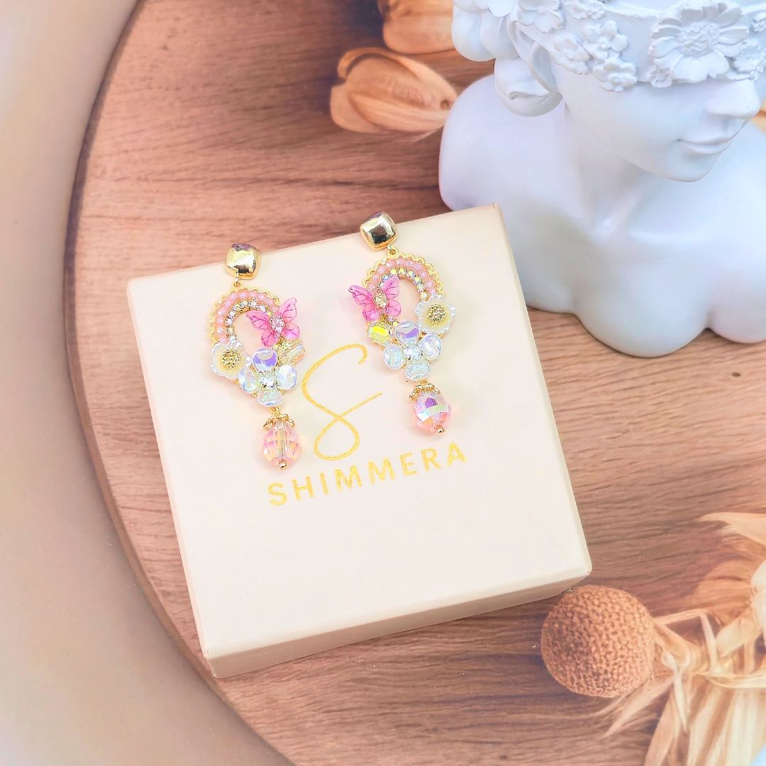Whimsical Butterfly Beaded Pastel Floral Design Earrings Anti Tarnish Gold Plated Drop Earrings