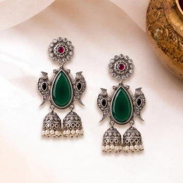 Brass Green Stone Peacock Jhumka Earrings Shimmera