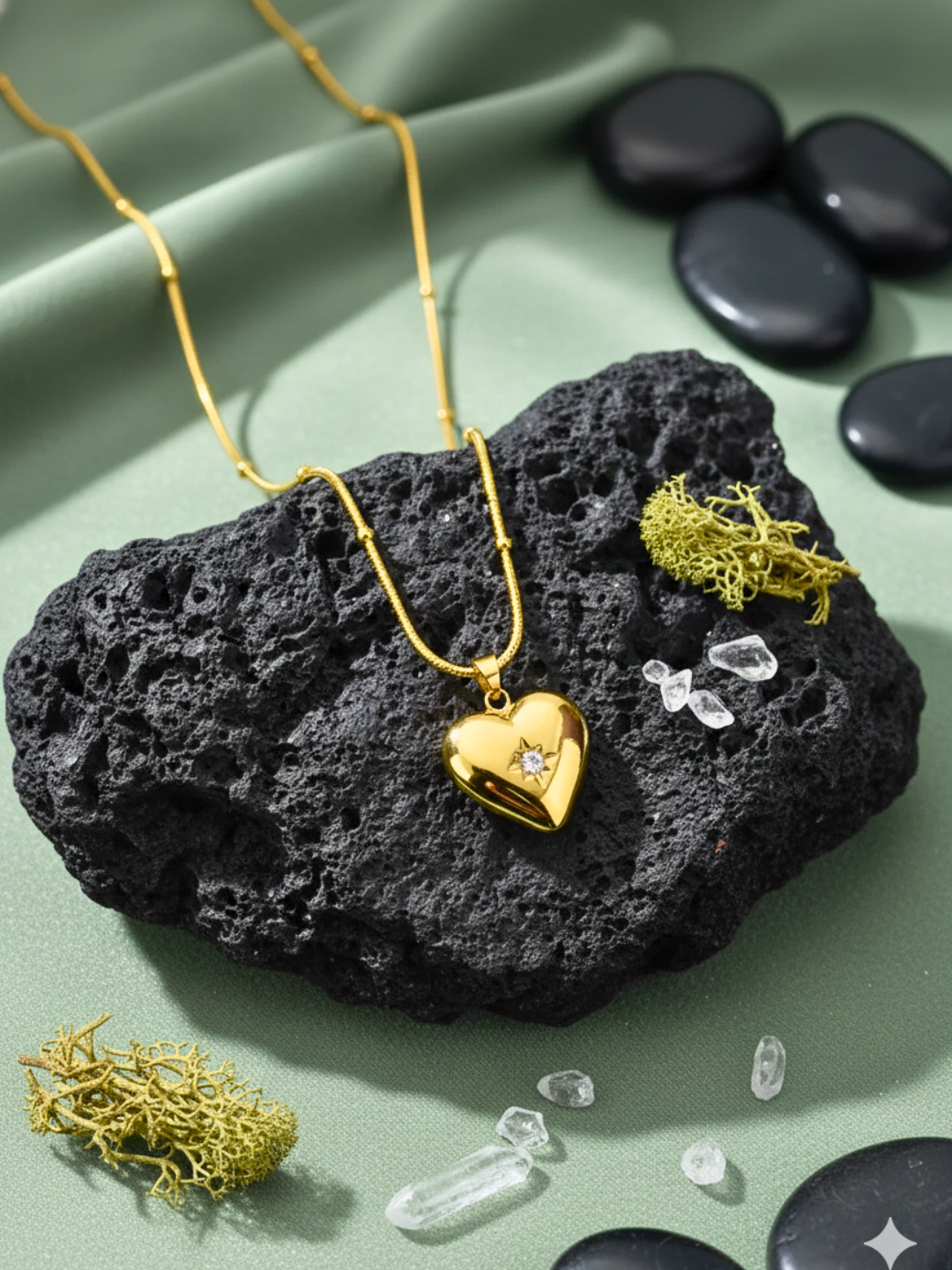 Gold heart-shaped necklace in a Shimmera box with a decorative vase in the background.
