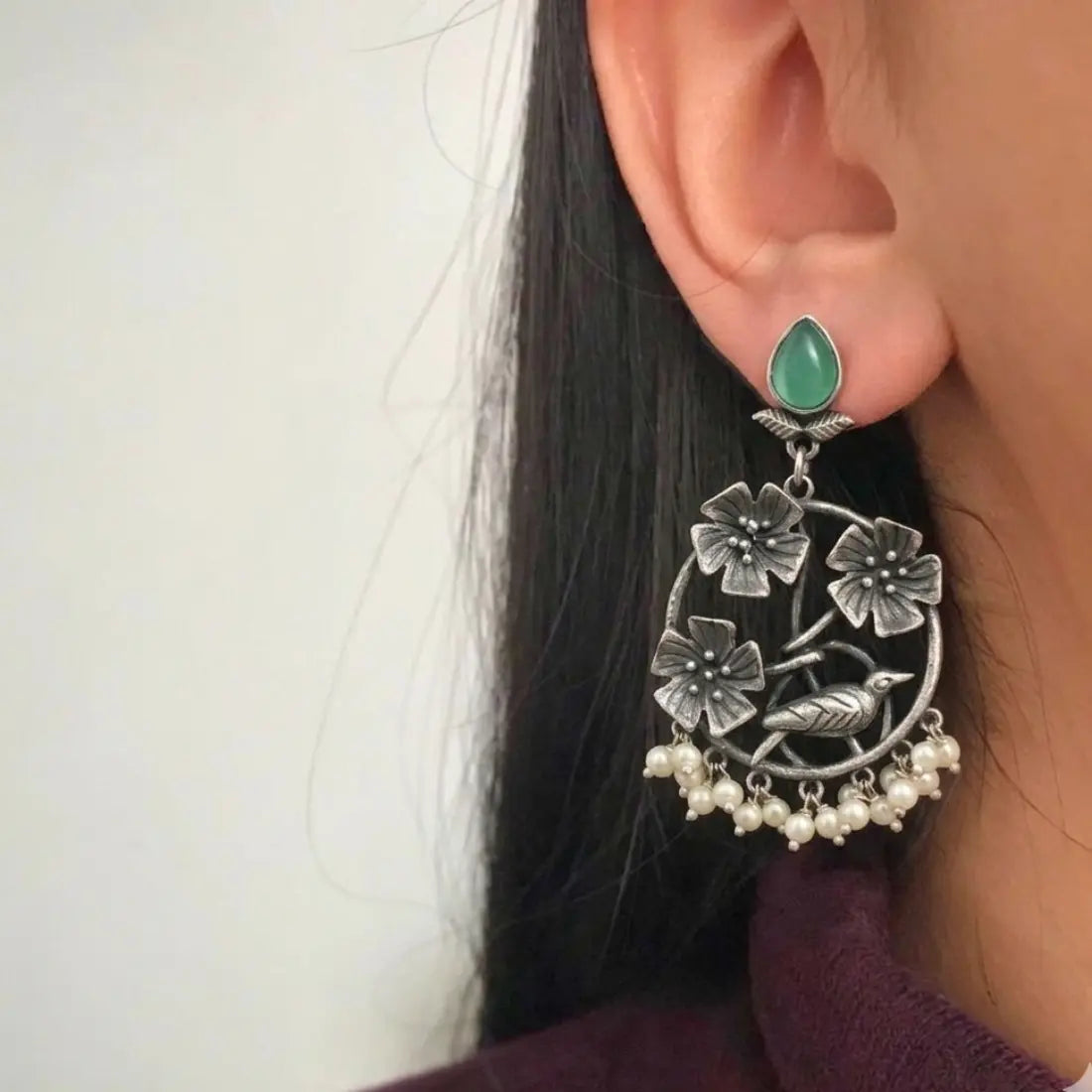 Brass Green Stone Bird Pearl Earrings Shimmera