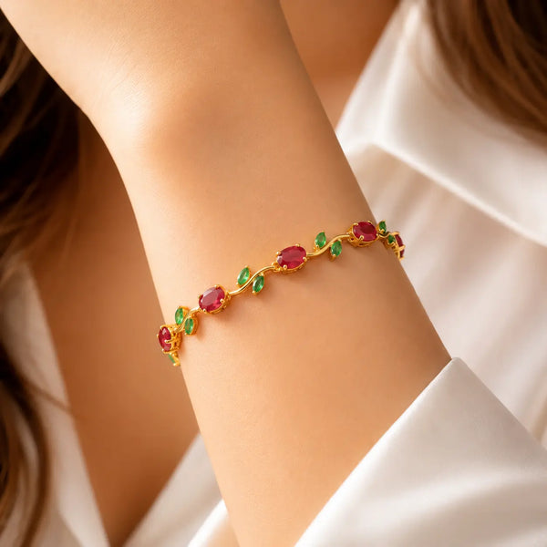 Shimmera Tulip Ruby Leaf Bracelet | Anti-Tarnish Gold Plated Stone Bracelet