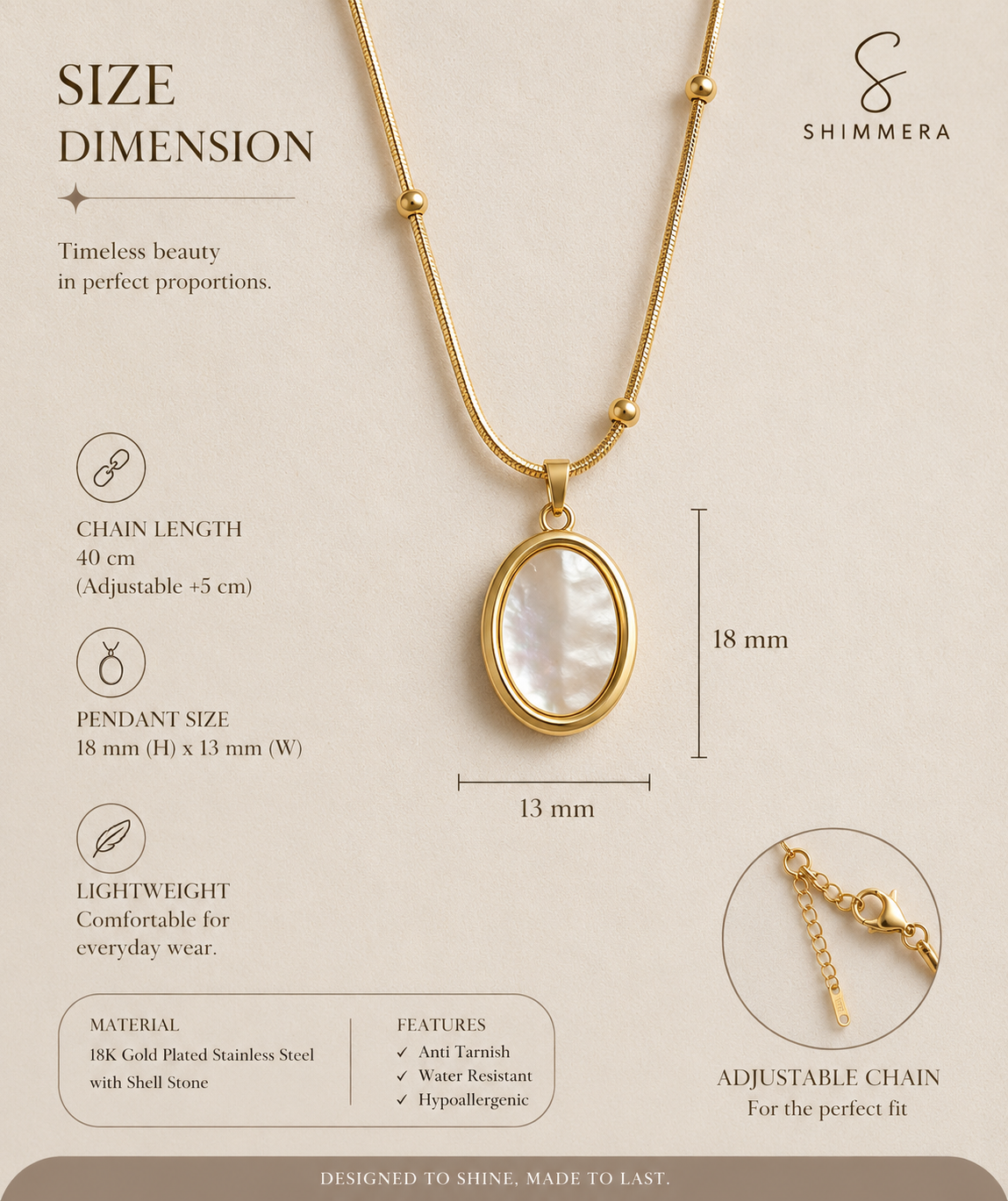 Anti Tarnish 18K Gold Plated Oval Shell Stone Pendant My Store