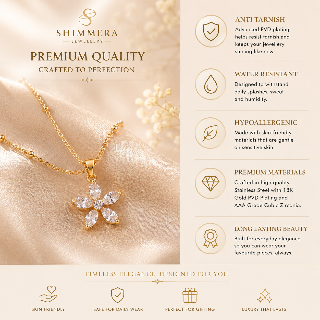 Gold necklace with flower pendant on a beige background, featuring Shimmera Jewellery branding and product features.