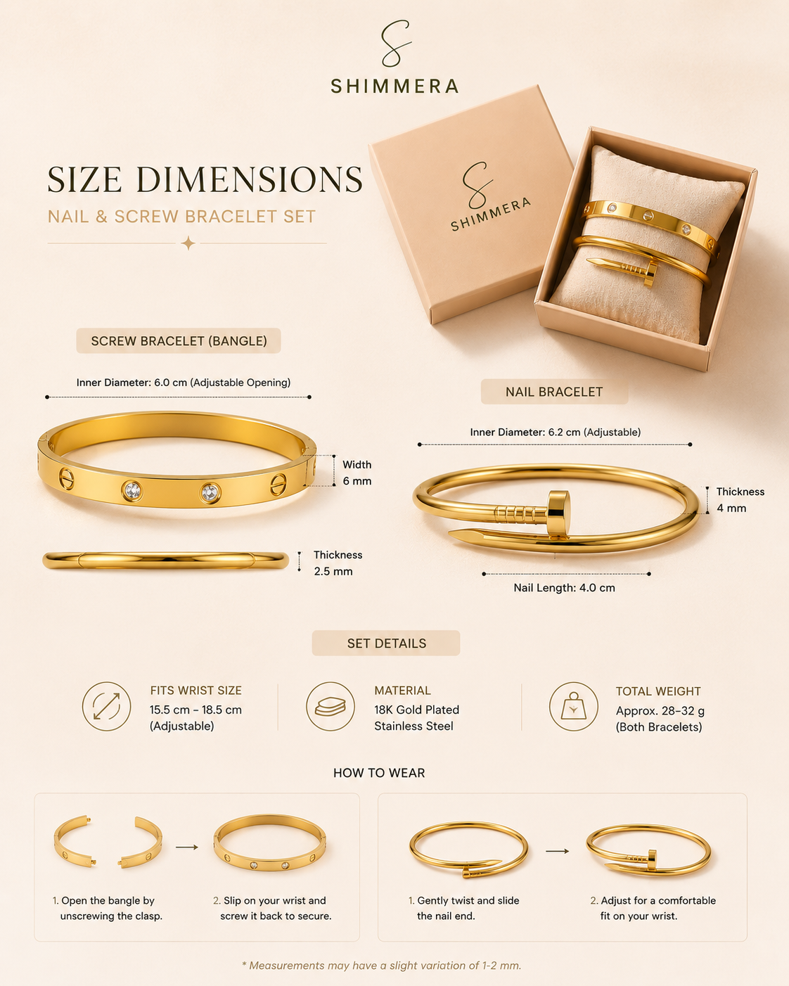 Shimmera nail and screw bracelet set with size dimensions and packaging on a beige background