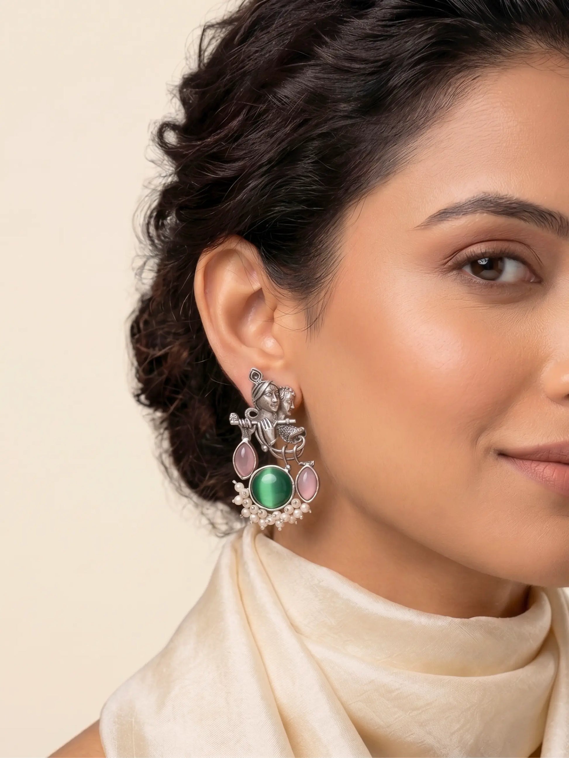Brass Radha Krishna Pearl Earrings Shimmera