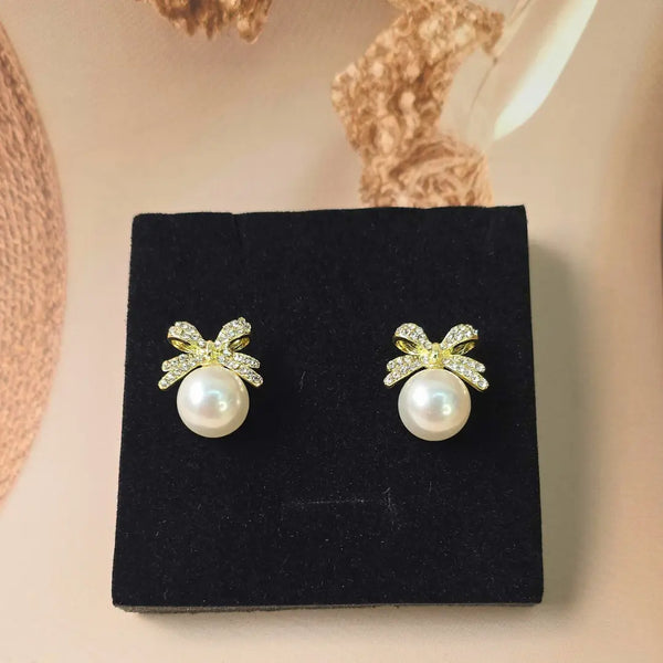 Korean Bow-Style White Pearl Stud Earrings