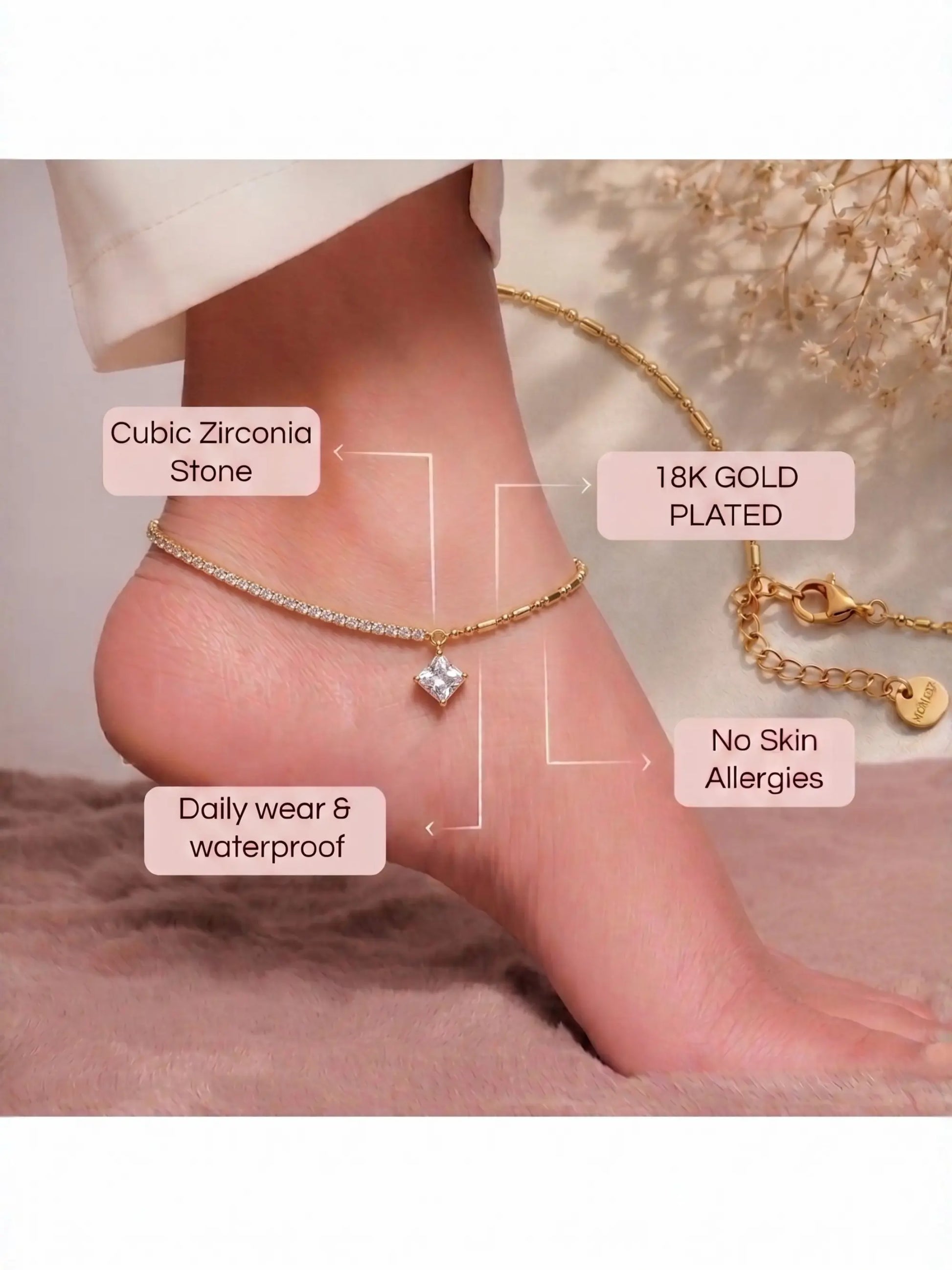 Anti-Tarnish Square Stone Anklet - Shimmera