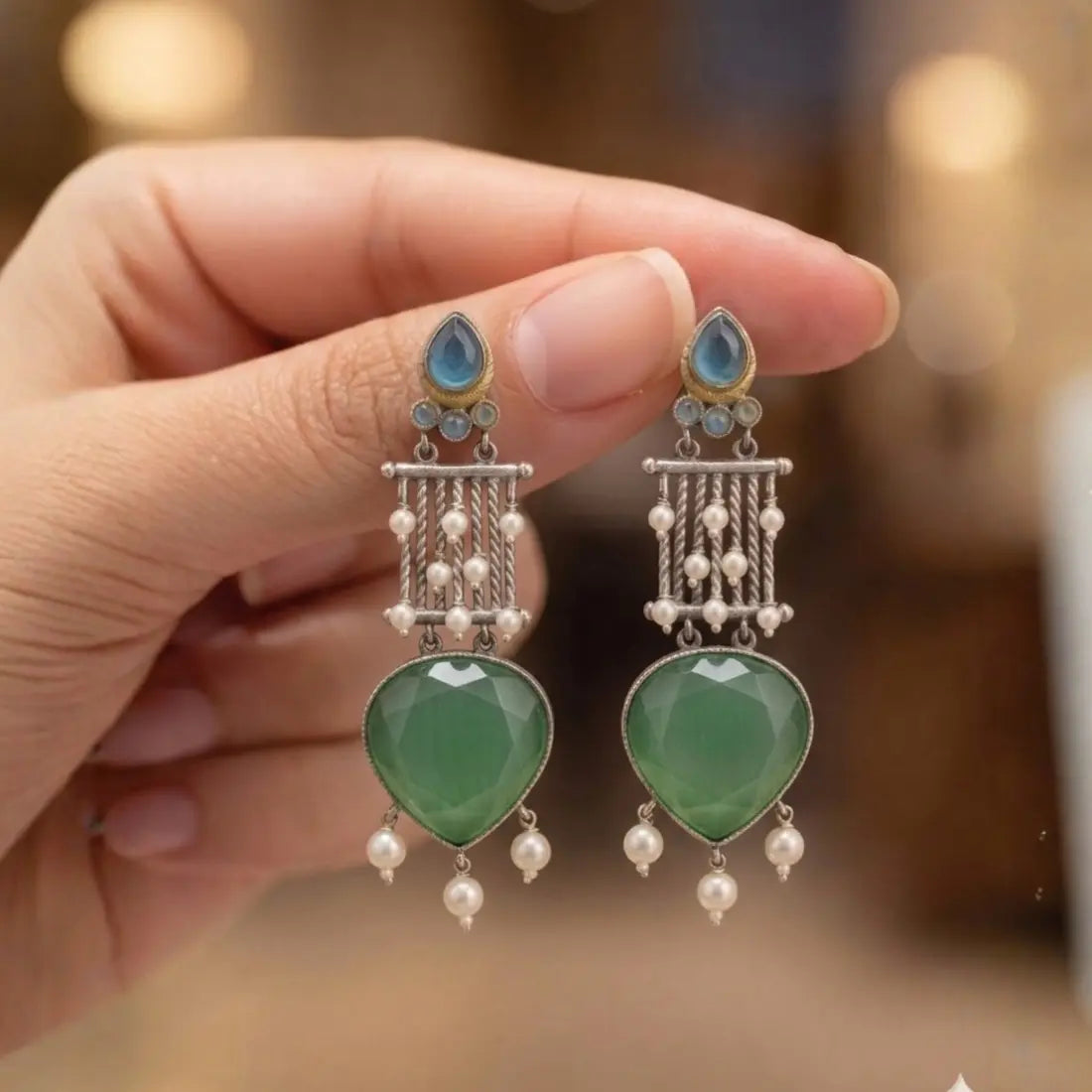 Green Teardrop Pearl Tassel Earrings Shimmera