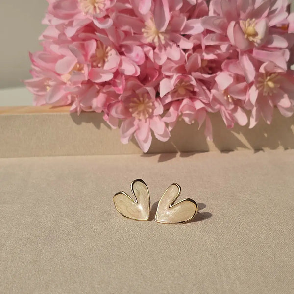Korean White Heart-Shaped Stud Earrings