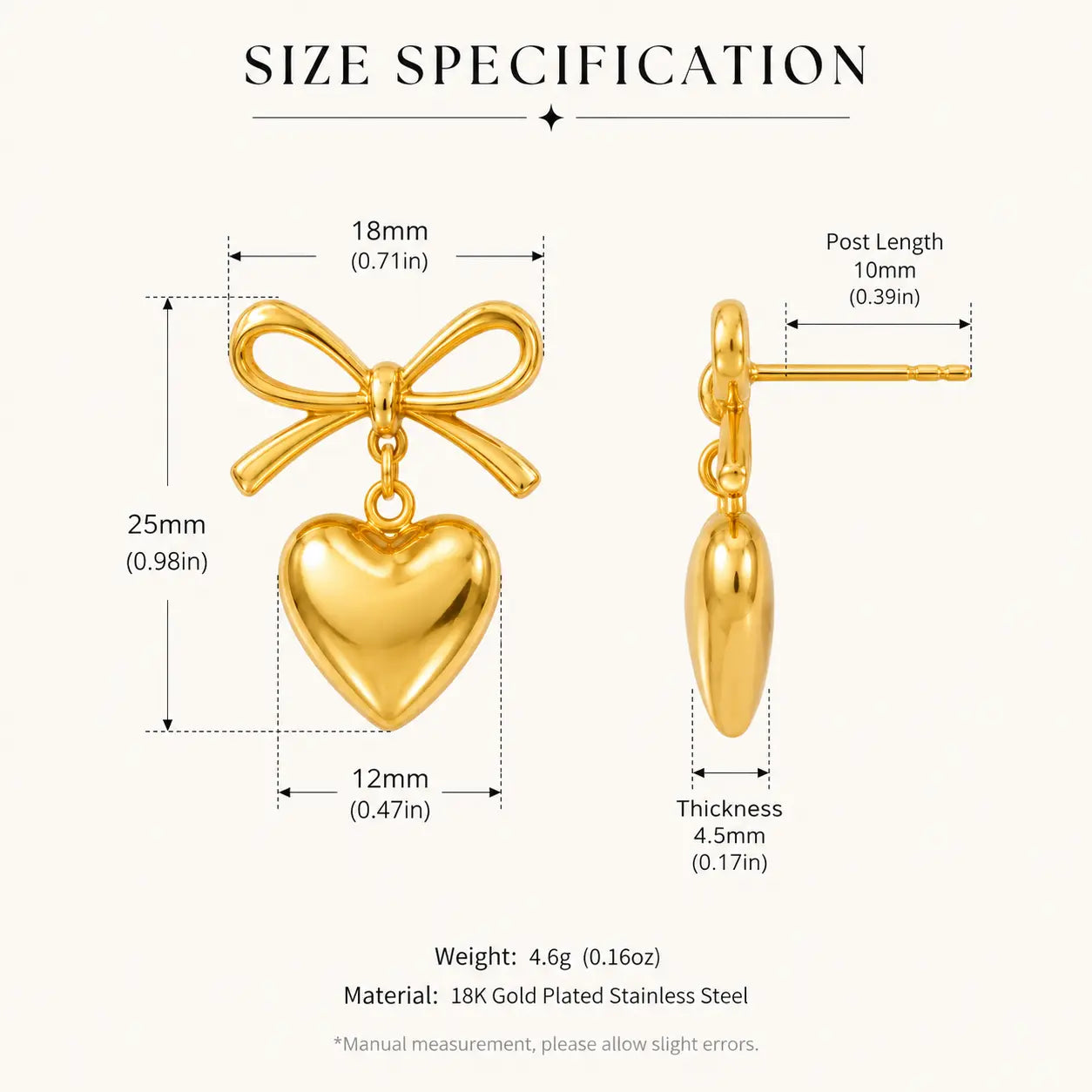 Anti-Tarnish 18K Gold-Plated Bow Heart Earrings for Women Shimmera