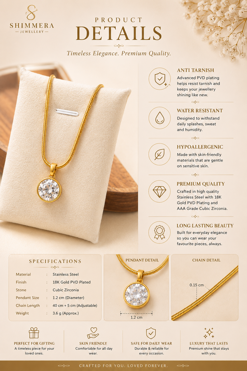 Gold necklace with product details on a beige background