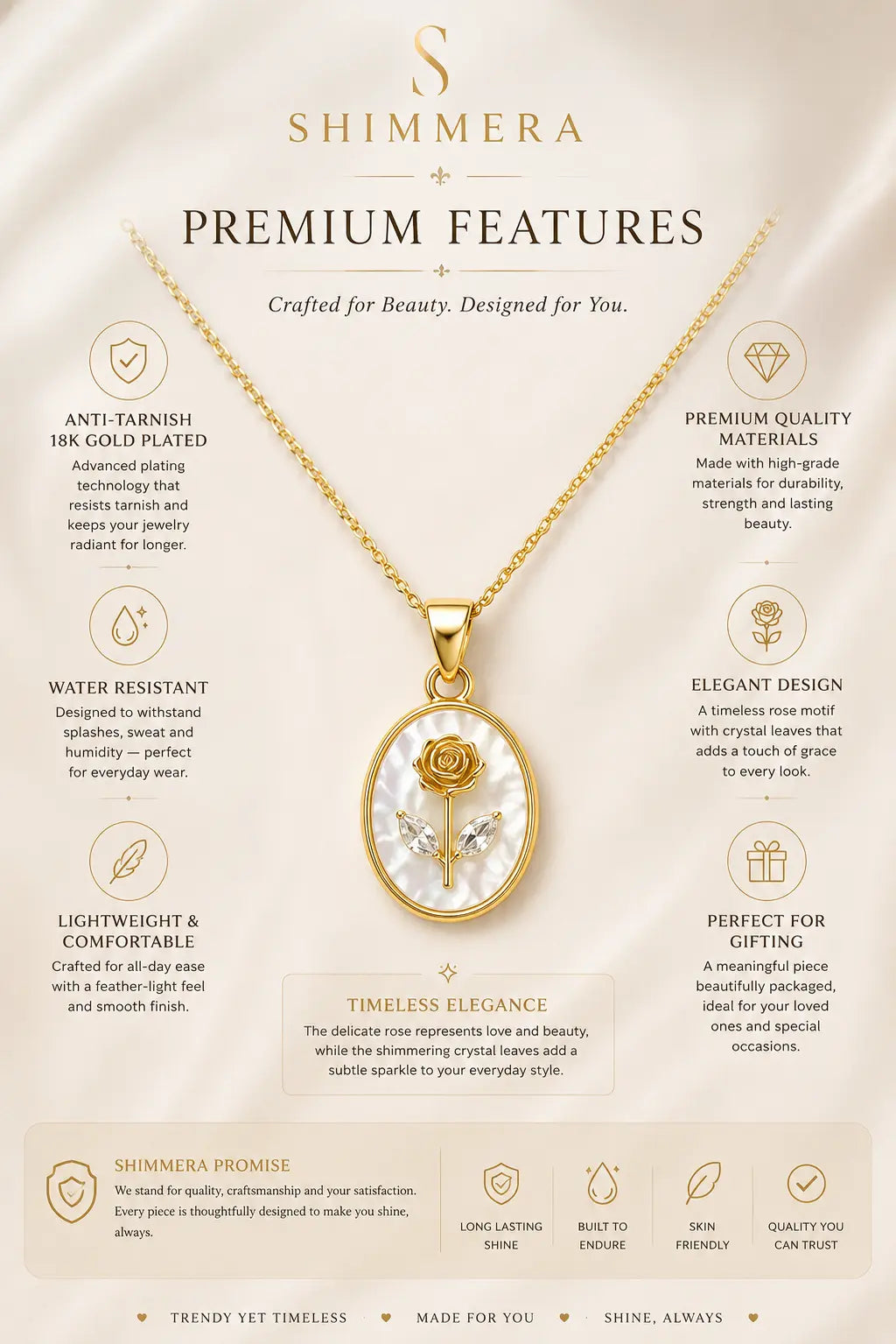 Anti tarnish 18k Gold plated oval rose pendant with chain My Store
