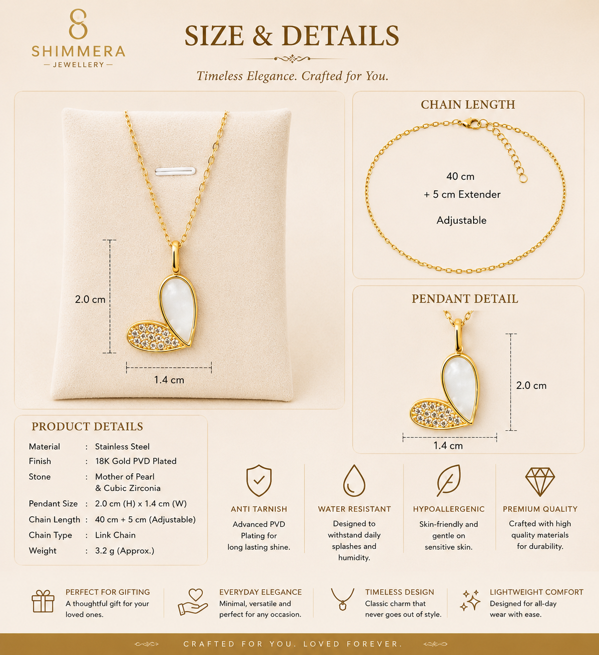 Shimmera Jewellery necklace and bracelet set with measurements and details on a beige background