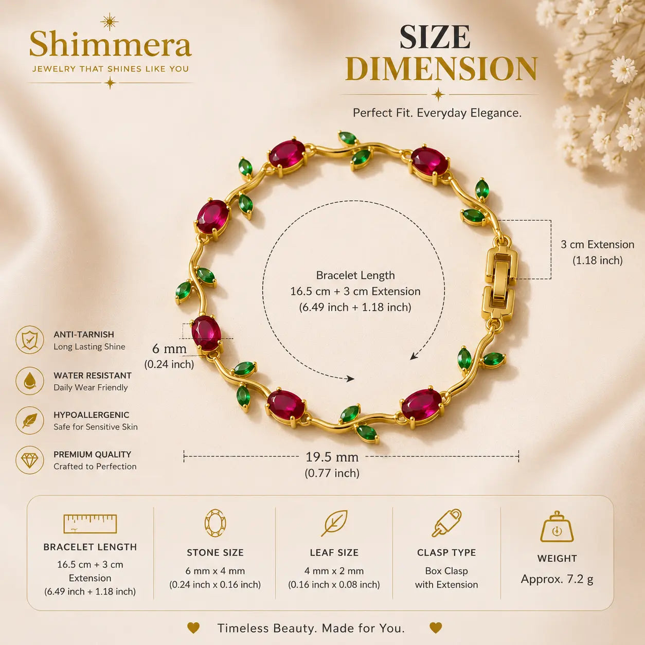 Shimmera Ruby Leaf Bracelet | Anti Tarnish Gold Plated Stone Bracelet Shimmera