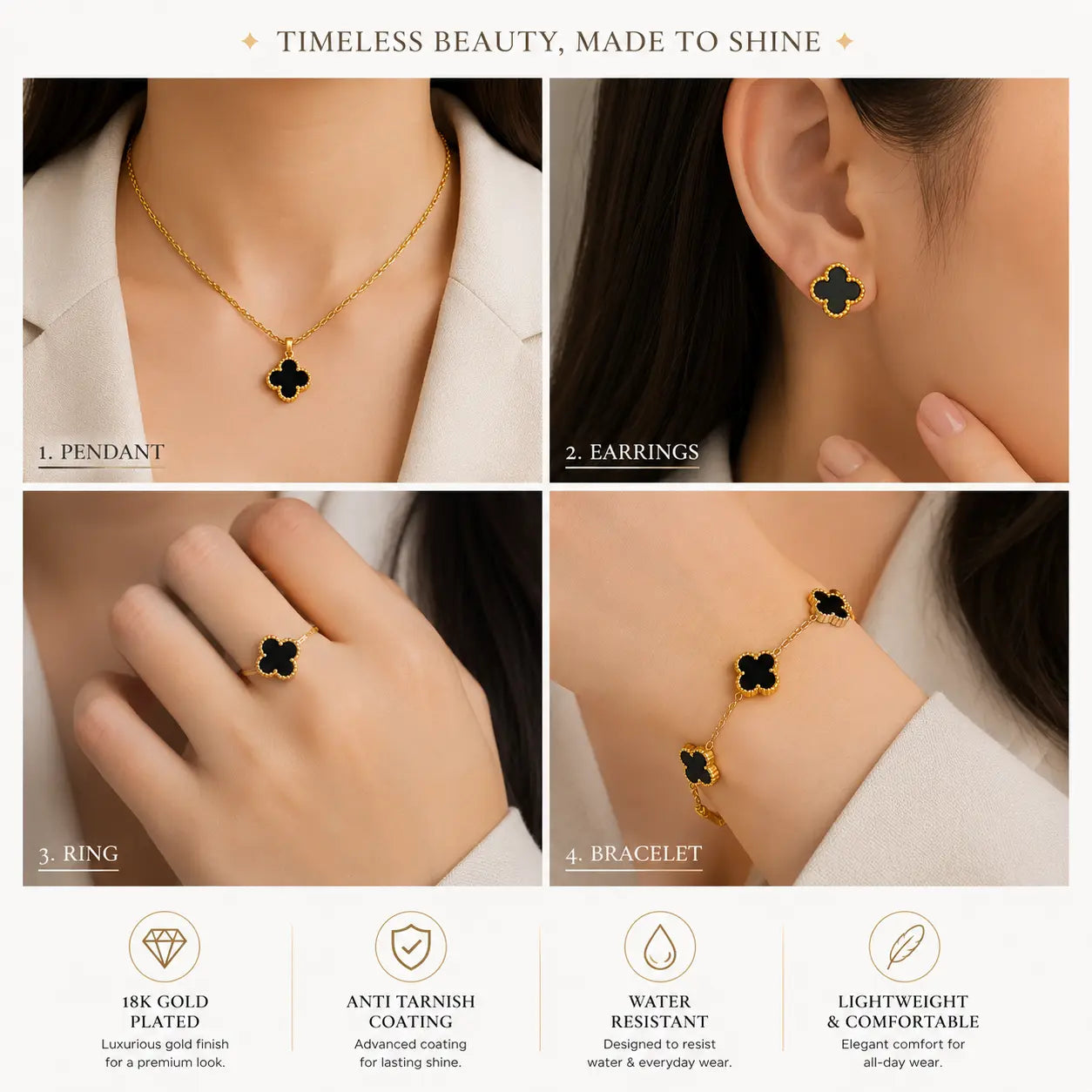 Anti-Tarnish 18K Gold-Plated Clover Jewelry Set Shimmera