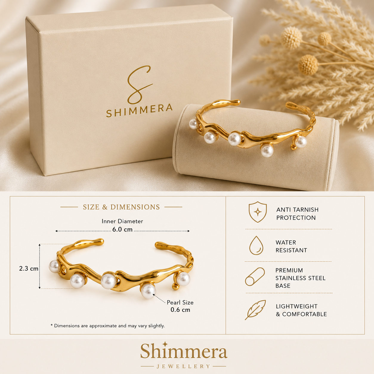 Gold bracelet with pearls on a Shimmera branded box and packaging, featuring product details.