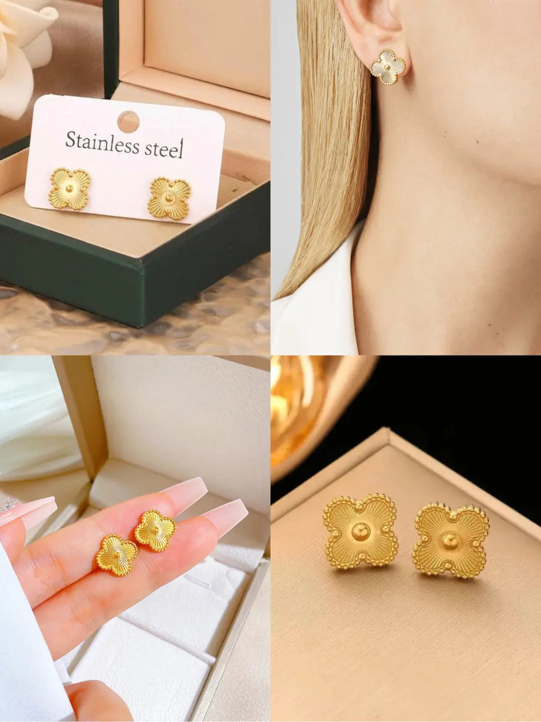 Anti Tarnish Gold Clover Stud Earrings Shimmera