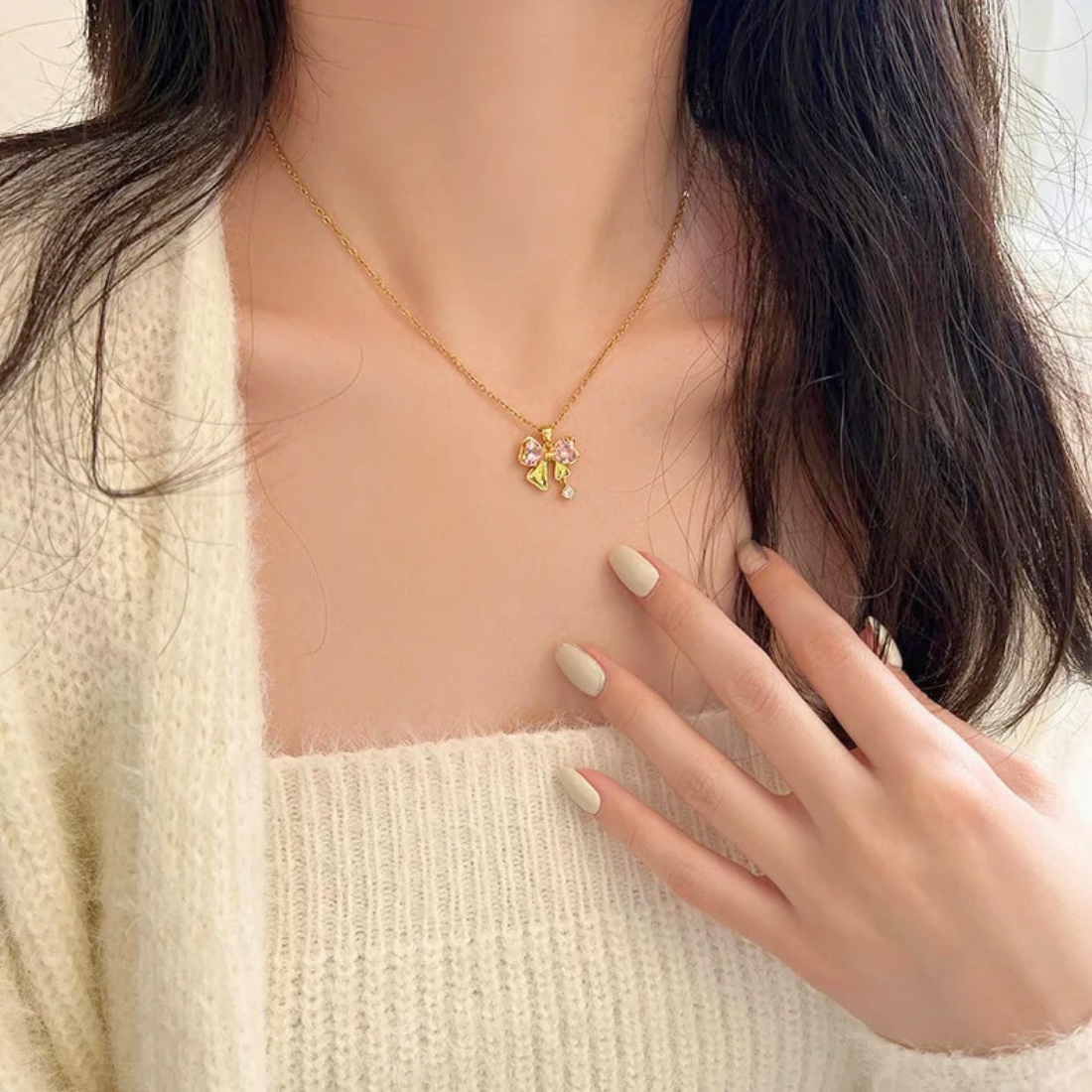 Anti tarnish 18k Gold plated stainless steel Pink bow pendant with chain My Store