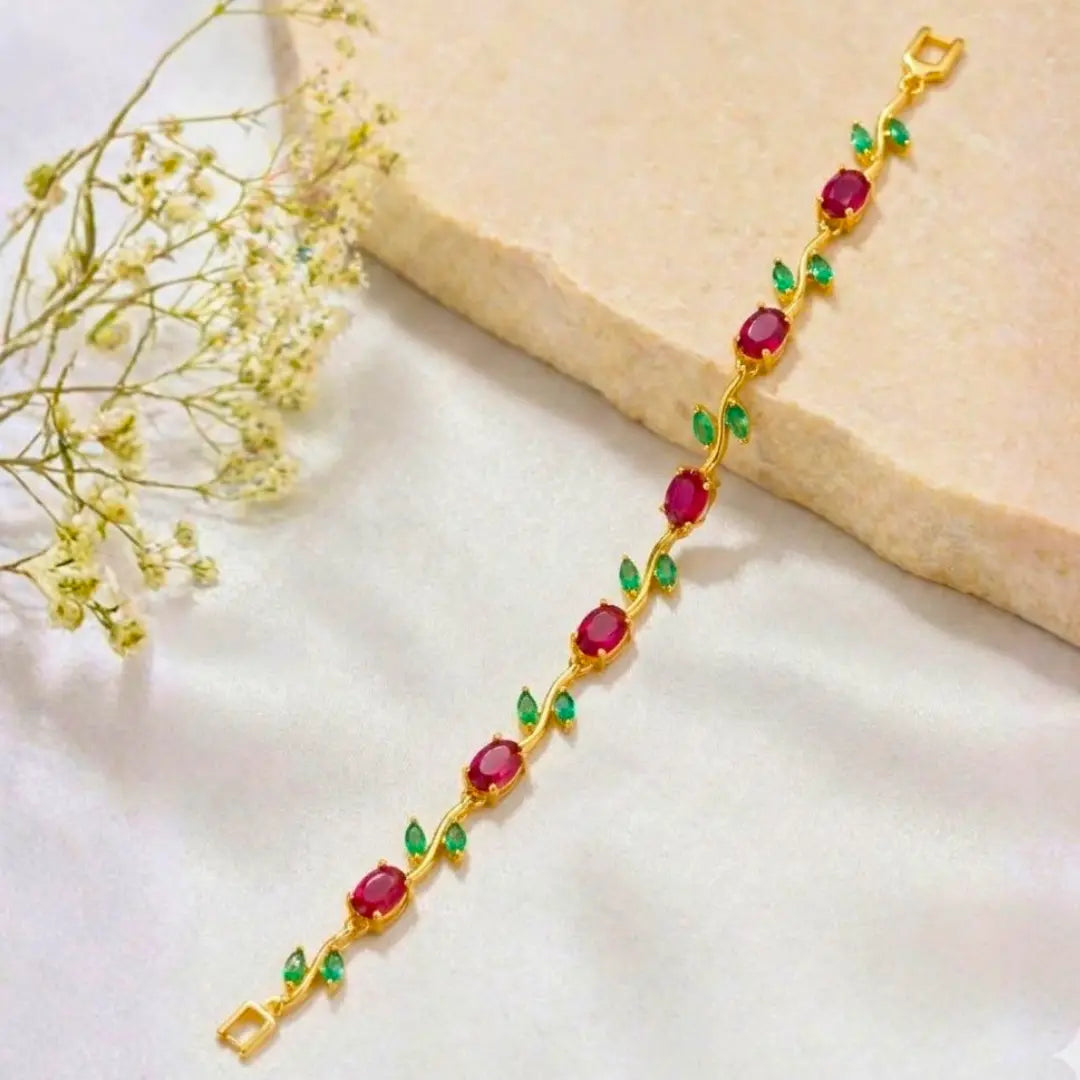 Shimmera Ruby Leaf Bracelet | Anti Tarnish Gold Plated Stone Bracelet Shimmera