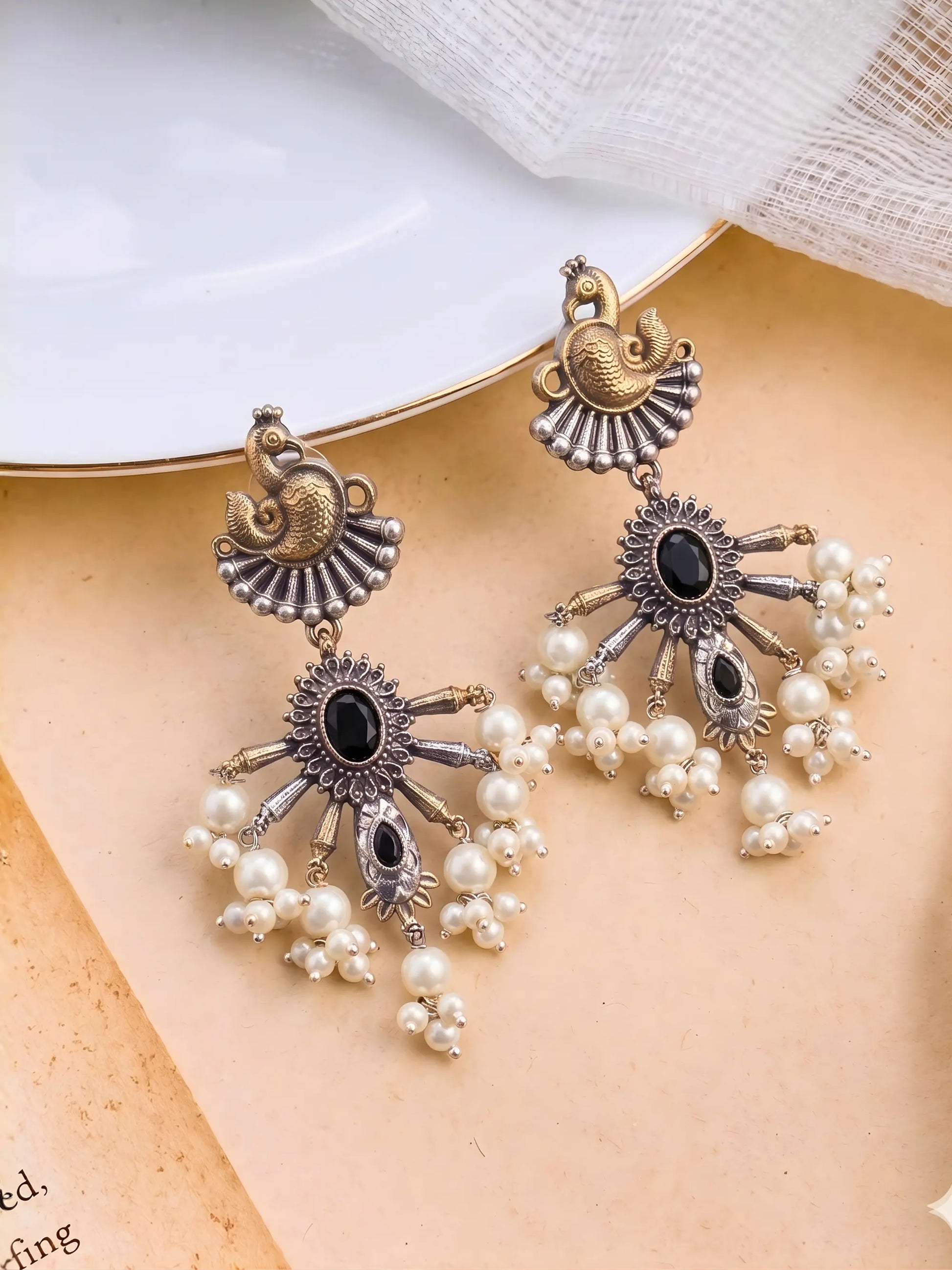 Brass Pearl Peacock Chandbali Earrings Shimmera